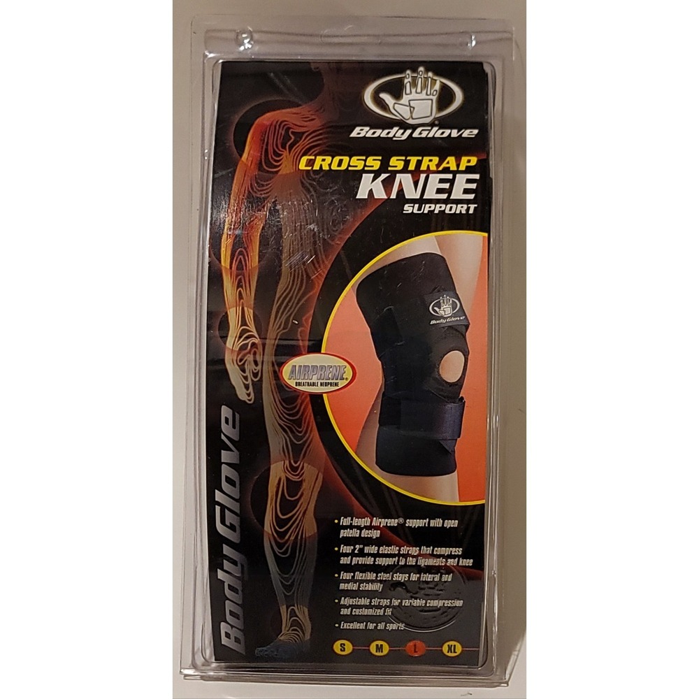 NWB‎ Body Glove Cross Strap Knee Support Black Airprene Breatable Neoprene Sz L